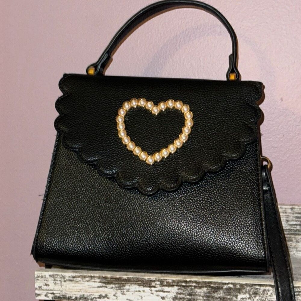 Like Dreams Pearl Heart Scalloped CottageCore Faux Leather Satchel Purse Bag